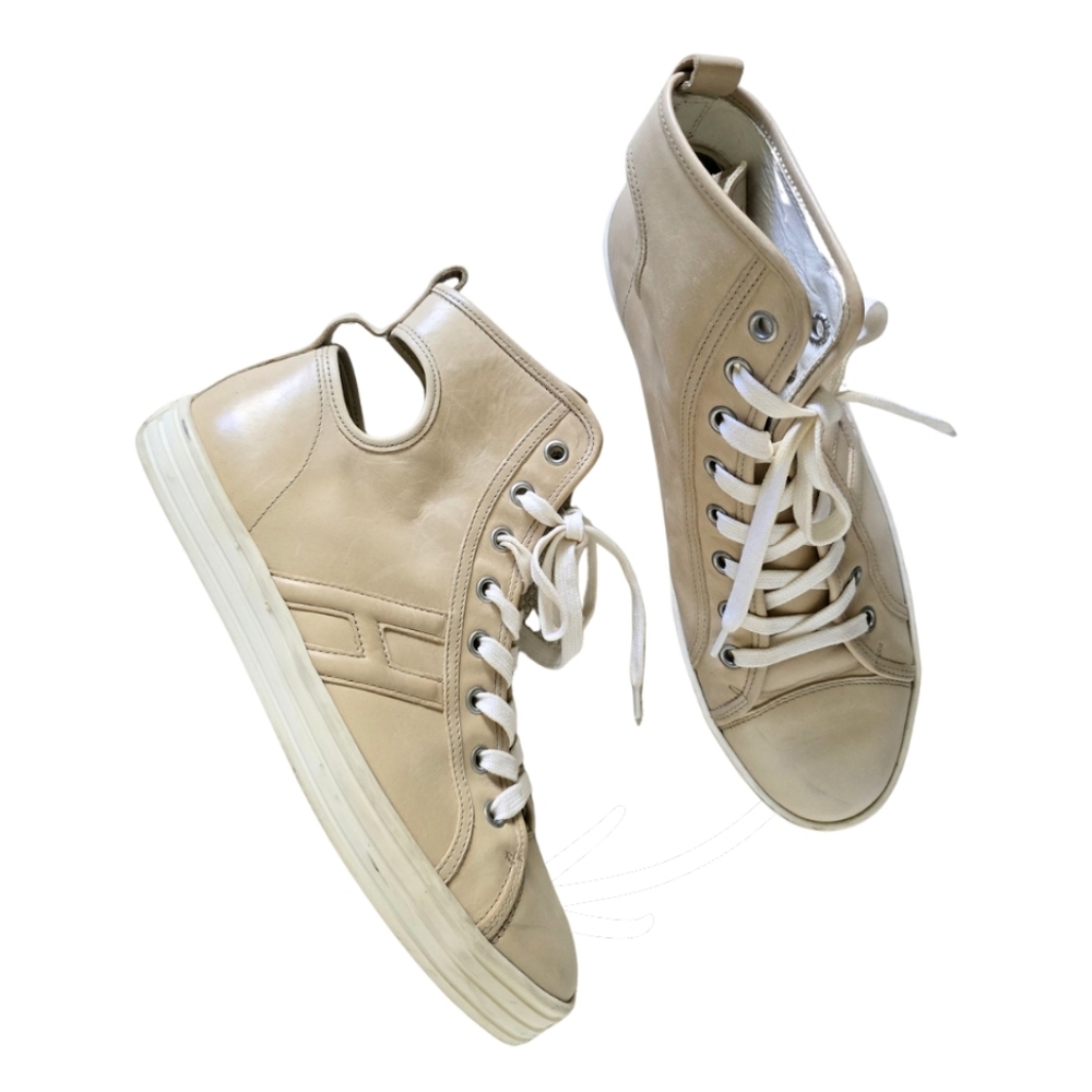 Hogan Rebel Cutout High Top Sneakers Beige Leather Platform Trainers Womens 37.5